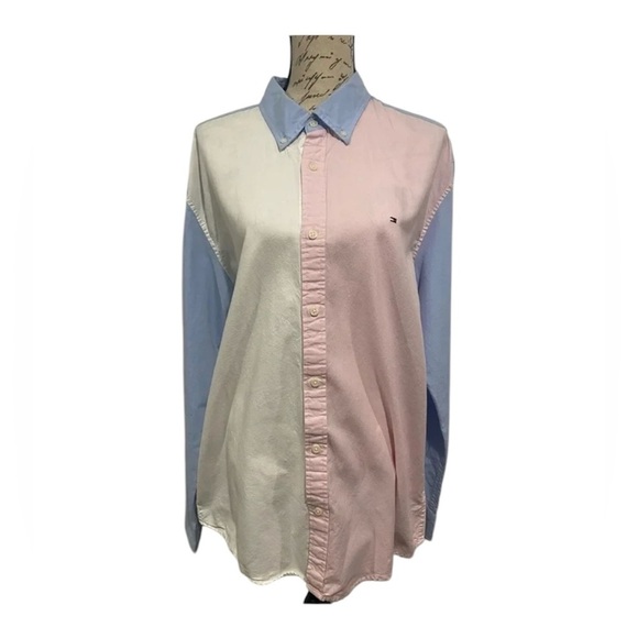 Tommy Hilfiger Long sleeve button down blue pink white color block shirt size XL - Picture 1 of 11